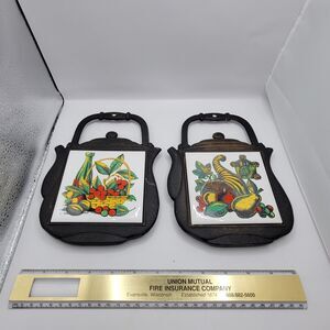 Cornucopia Tea Kettle Vintage Cherry Tile Cast Iron/ Ceramic Trivet - Lot of 2